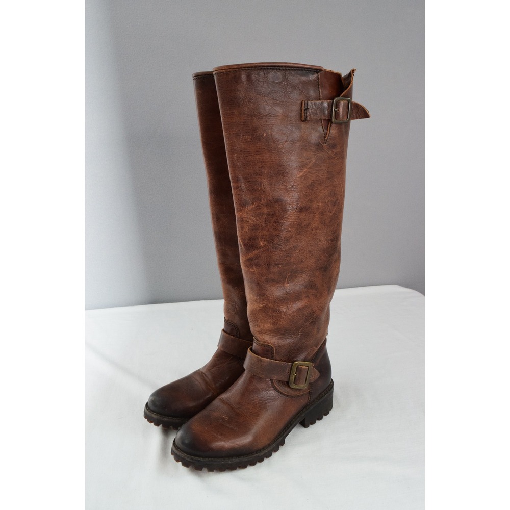 Freebird Leather Knee High Boots 6 Battle Brown Riding Motorcycle Buckle Zip